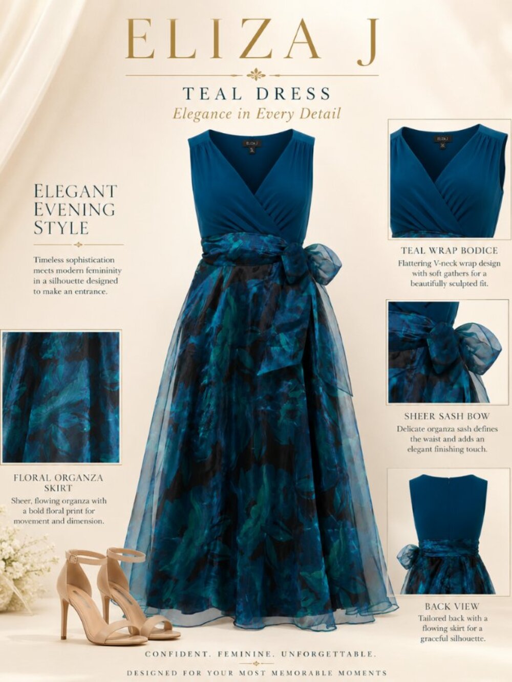 Eliza J Teal Bow Front V Neck Sleeveless Organza Gown 14W NWT